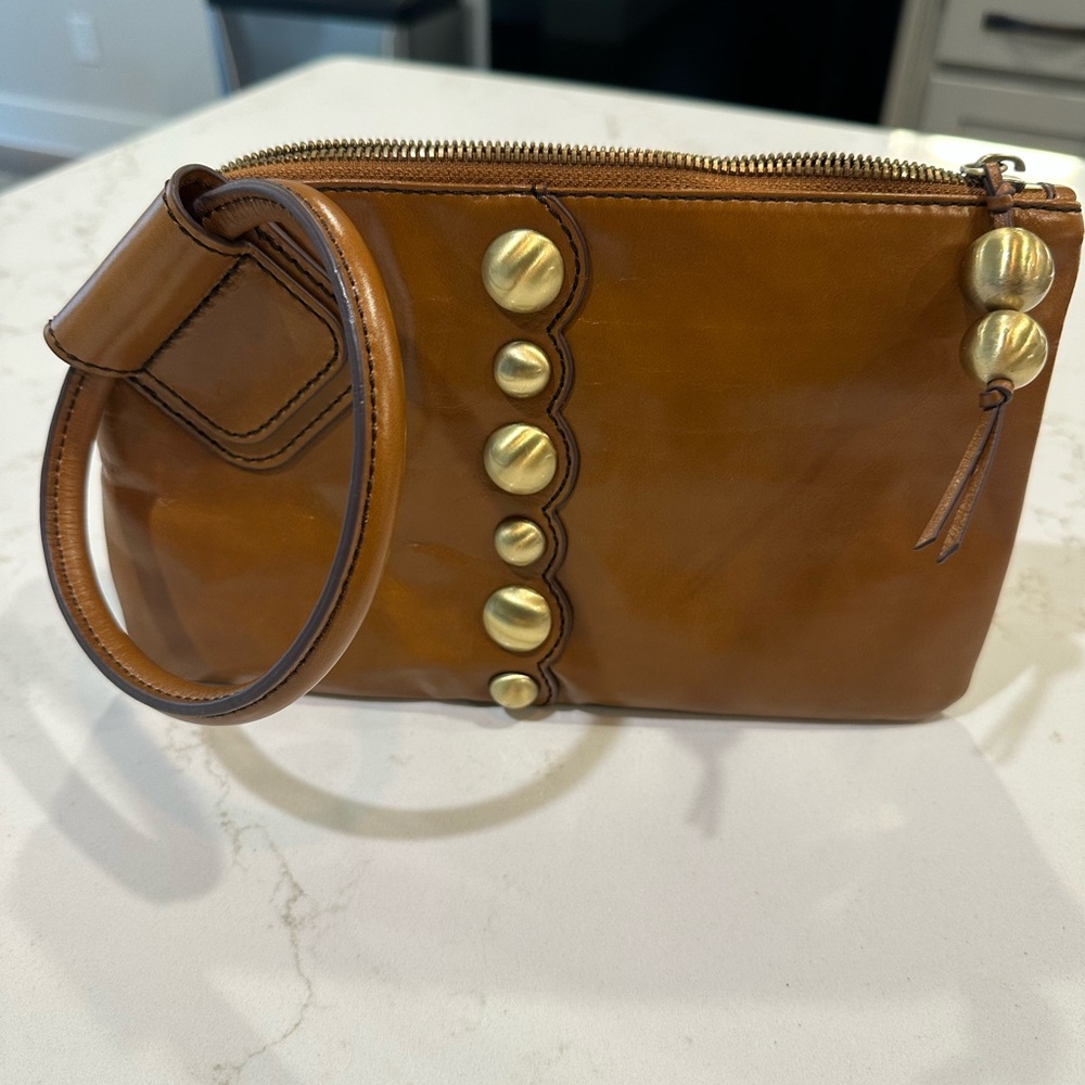 Brown Leather Wristlet with Gold Accents-HOBO